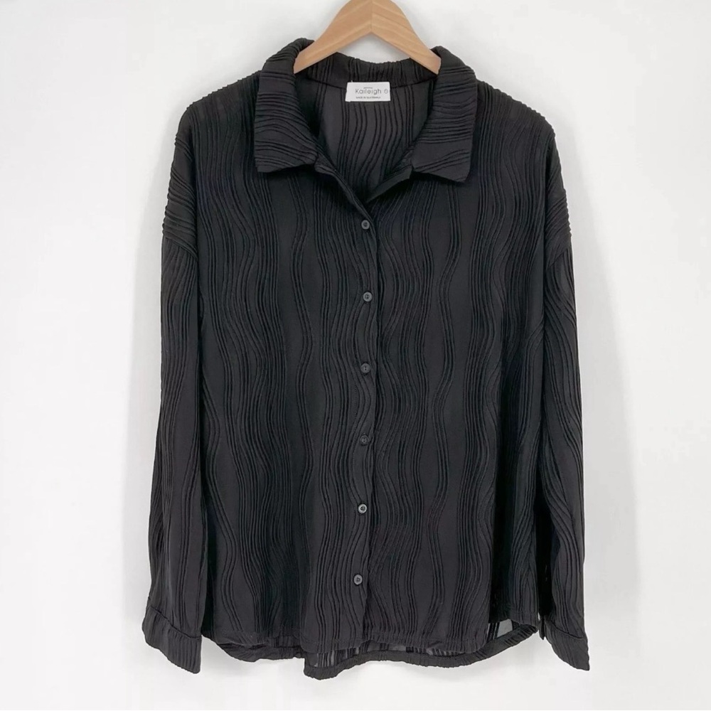 Kaileigh Stitch Fix Women's Textured Button Up Blouse Size L Black Long Sleeve